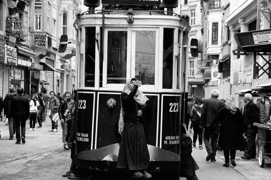 A tram on a city street